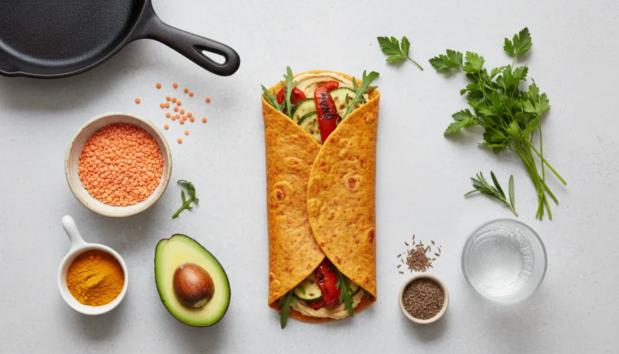 Flat-lay photograph of a red lentil wrap filled with vegetables and hummus, next to a bowl of lentils and spices
