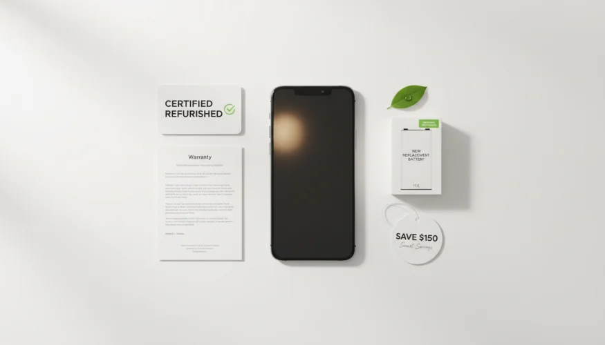 Repasovaný smartphone s certifikátem záruky, náhradní baterií a ekologickým symbolem na bílém pozadí