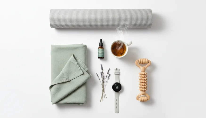 Flatlay of recovery wellness items including yoga mat, herbal tea, smart watch, magnesium supplement and lavender