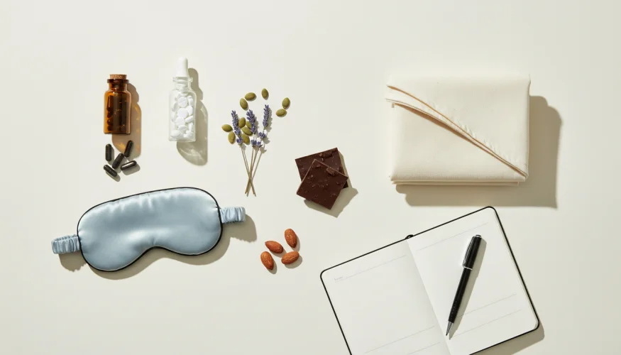 Flat-lay of iron supplements, magnesium tablets, sleep mask, pumpkin seeds, almonds, dark chocolate and a sleep diary representing RLS self-care tools