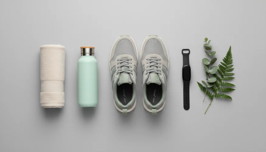 Sportausrüstung für Rückwärtsgehen – Schuhe, Wasserflasche und Fitness-Armband