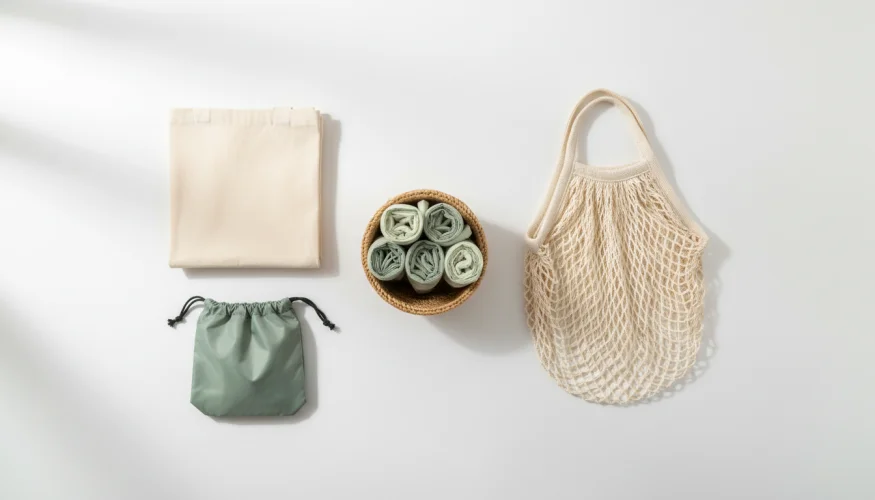 Übersicht der Alternativen zu Plastiktüten: Stofftasche, Netzbeutel, faltbare Tasche und Jutekorb