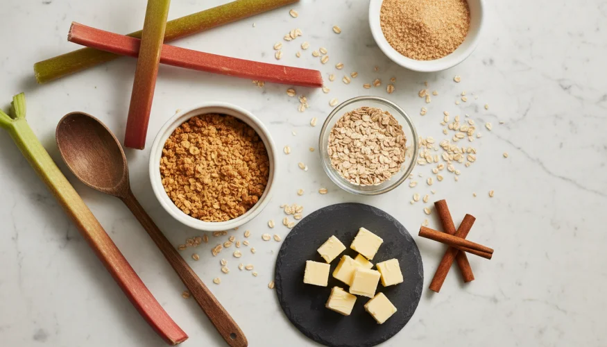 Ingredience na rebarborový crumble s ovesnou drobenkou