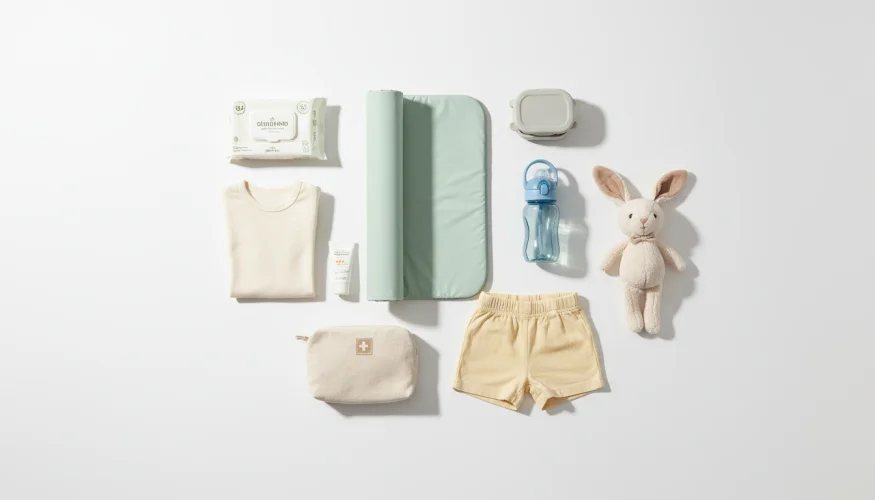 Flat-lay of baby travel essentials including changing mat, organic clothing, snacks, sunscreen and first-aid kit