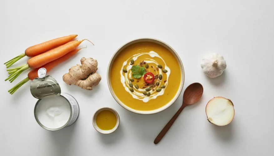 Krémová polévka z pečené mrkve se zázvorem a kokosovým mlékem podávaná v misce s ingrediencemi kolem