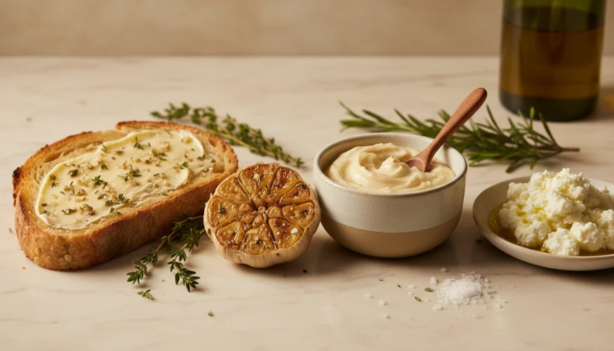 Flat-lay of roasted garlic bulb with creamy spread, toasted bread, ricotta, herbs and olive oil on marble