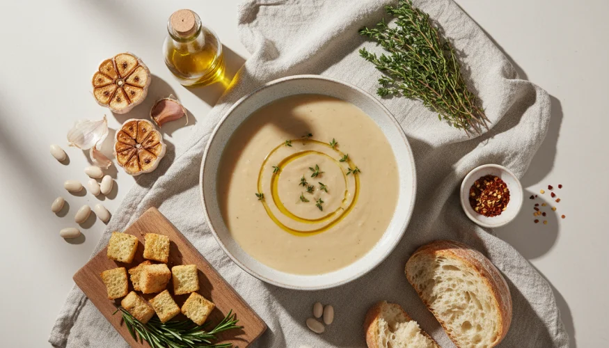 Flat-lay of roasted garlic and white bean soup with olive oil, herbs, and crusty bread