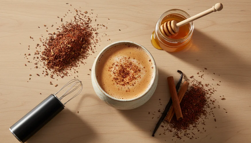 Tasse de latté au rooibos avec miel, cannelle et vanille comme rituel du soir