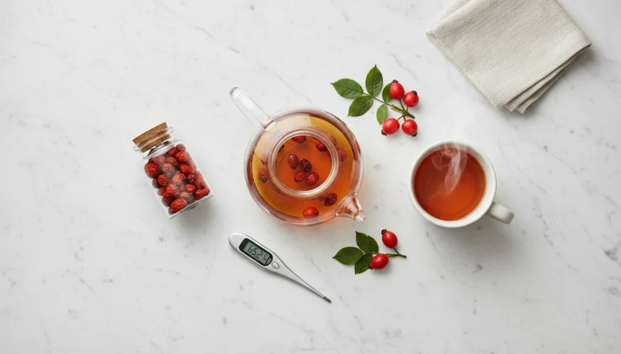 Flat-lay of dried rosehips, glass teapot with rosehip infusion and kitchen thermometer on marble surface