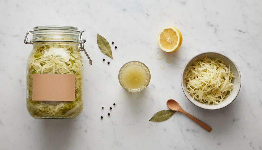 Gläschen mit Sauerkrautflüssigkeit neben einem Glas fermentiertem Sauerkraut auf einem Marmoruntergrund
