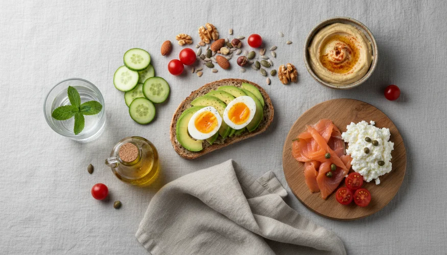 Flat-lay of a healthy savoury breakfast with avocado toast, eggs, salmon, hummus and nuts