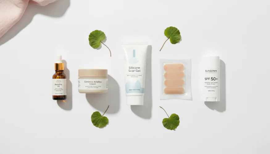 Produkte zur Narbenpflege: Silikongel, Hagebuttenöl, Creme mit Centella und Sonnenschutzmittel LSF 50+