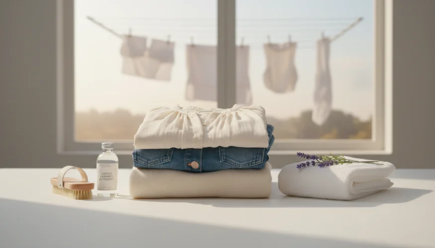 Preparação de roupas para armazenamento sazonal – tecidos limpos, detergente e acessórios naturais