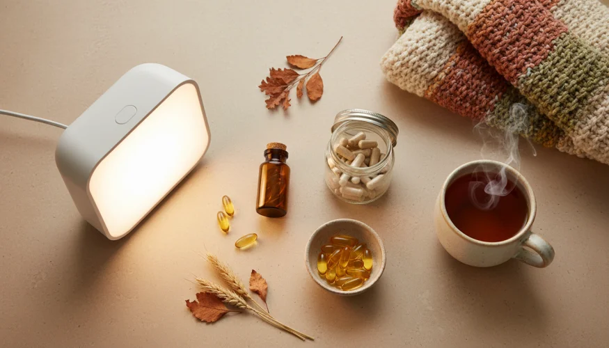 Světelná terapeutická lampa, vitamín D, probiotika a útulné podzimní doplňky jako podpora při sezónní depresi