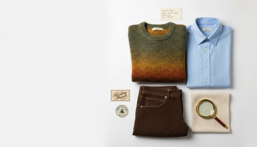 Flat-lay of second-hand clothing items with quality inspection tools arranged on a white surface