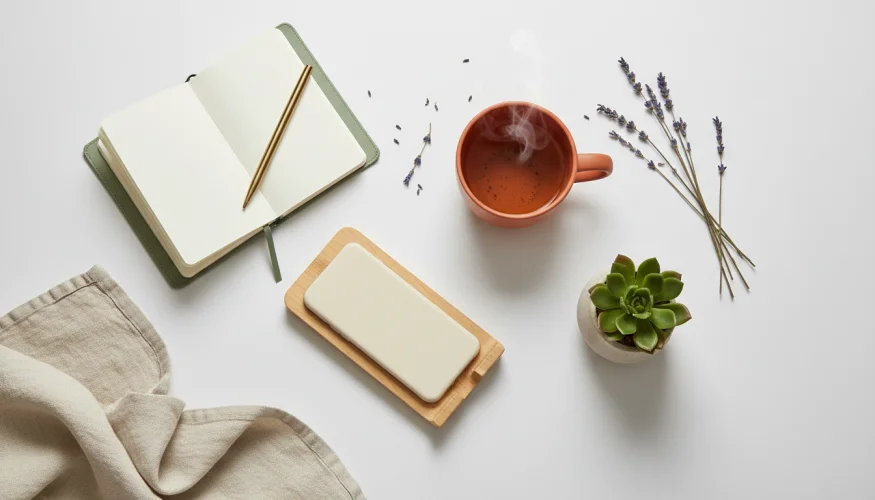 Flat-lay of a journal, herbal tea mug, and self-care items representing a mindful break from daily demands