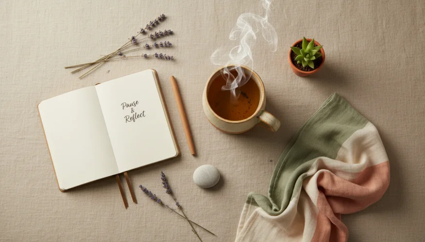 Flat-lay of a herbal tea mug, journal, lavender and succulent representing parental self-care after a stressful moment
