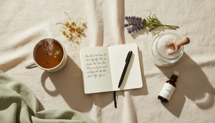 Flat-lay with a journal, herbal tea, magnesium bath salts, lavender and essential oil for self-care