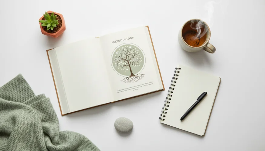 Flat-lay of a self-help book, journal, pen, herbal tea and succulent on a white surface