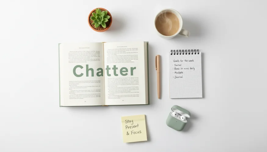 Flat-lay of a book about inner dialogue, notebook, pen, coffee mug and earbuds arranged on a white surface