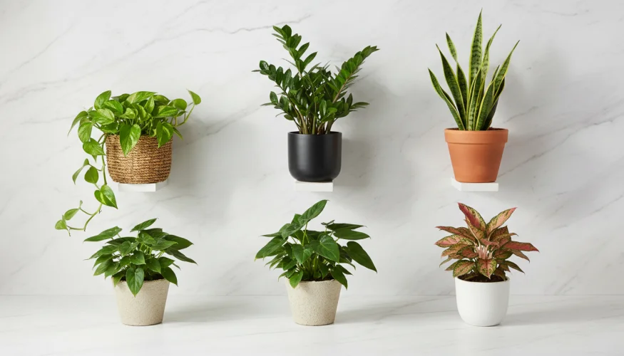 Flat-lay of shade-tolerant houseplants including zamioculcas, sansevieria, pothos, aspidistra and aglaonema in eco-friendly pots