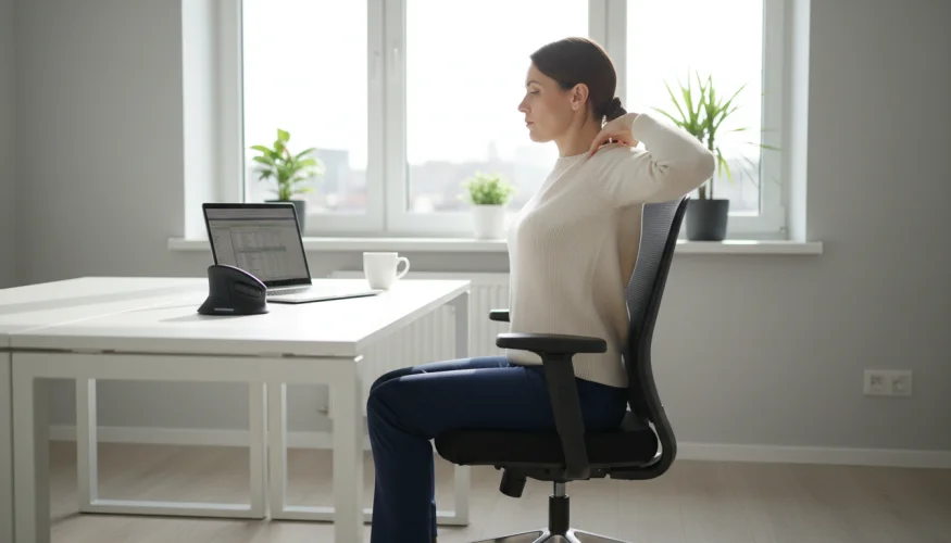 Frau im Büro führt eine Schulterblattübung während einer Pause vom Computer durch