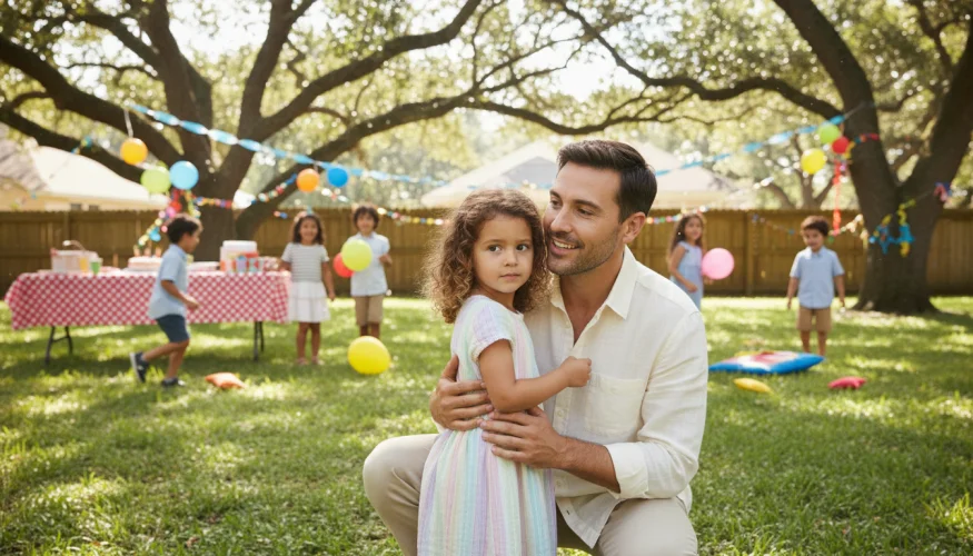 Ein Elternteil kniet neben einem schüchternen Kind auf einer Kindergeburtstagsparty im Garten
