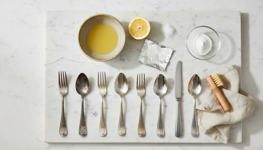 Flat-lay of natural silver cutlery cleaning ingredients including lemon, salt, baking soda, aluminium foil, and tarnished versus polished silverware
