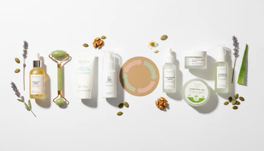 Skincare products arranged by menstrual cycle phase in a flat-lay composition
