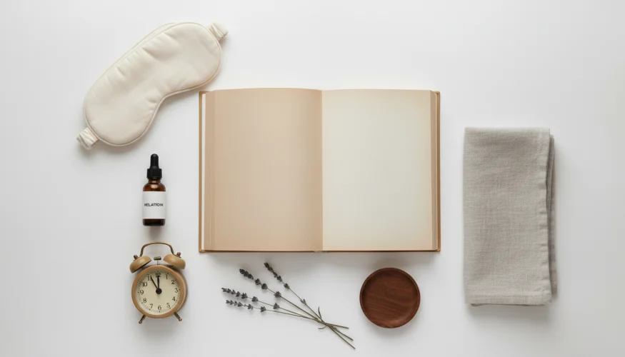 Flat-lay of a book, melatonin bottle, sleep mask, lavender and linen fabric for healthy sleep habits