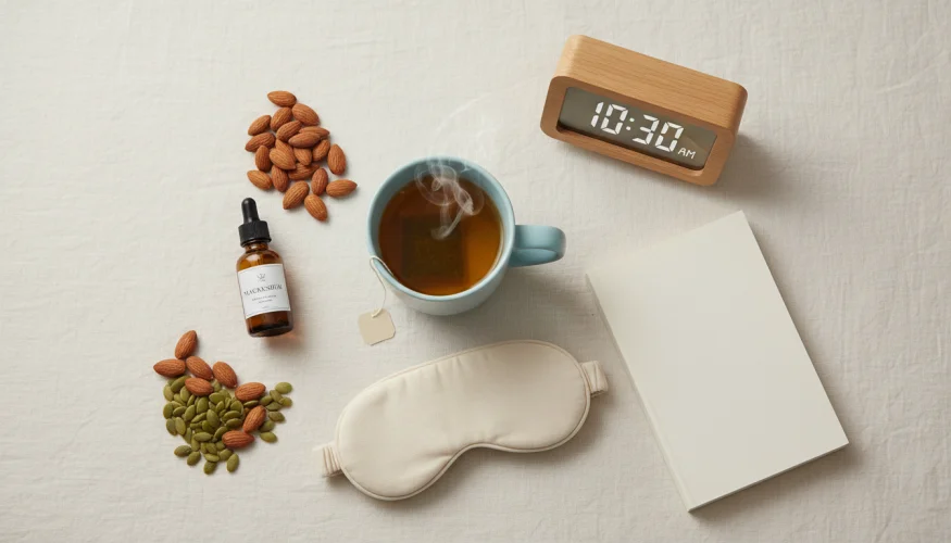 Flat-lay of sleep hygiene products including magnesium supplements, nuts, chamomile tea and a sleep mask