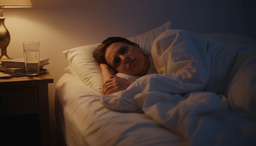 Ein Mensch, der nachts wach im Bett liegt mit einem grüblerischen Ausdruck