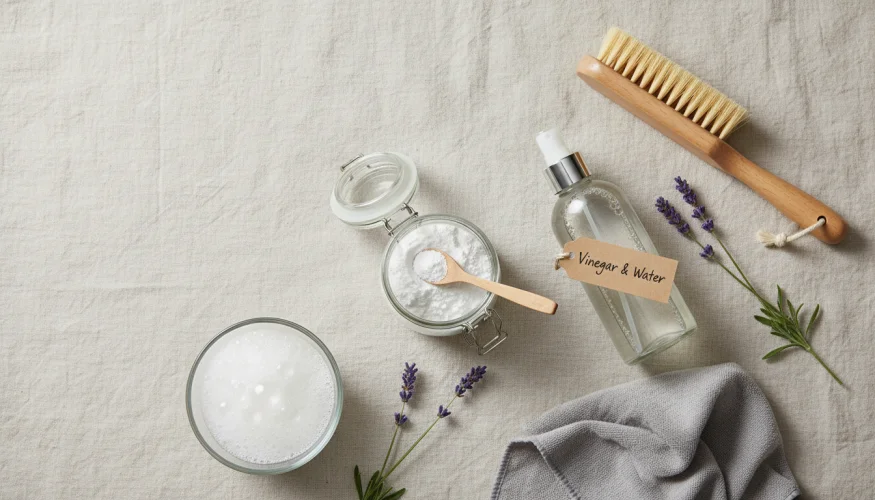 Produits ménagers pour nettoyer un canapé – bicarbonate de soude, vinaigre, mousse savonneuse et chiffon en microfibre