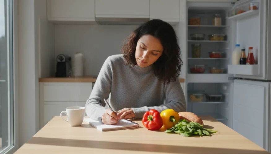 Mujer planificando comidas para una semana en una mesa de cocina con verduras frescas