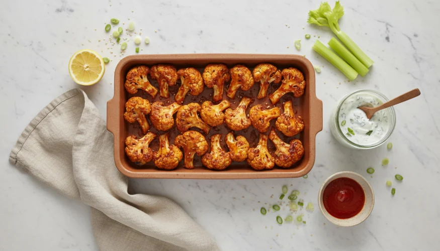 Alette di cavolfiore piccanti al forno su una teglia con dip allo yogurt e verdure fresche