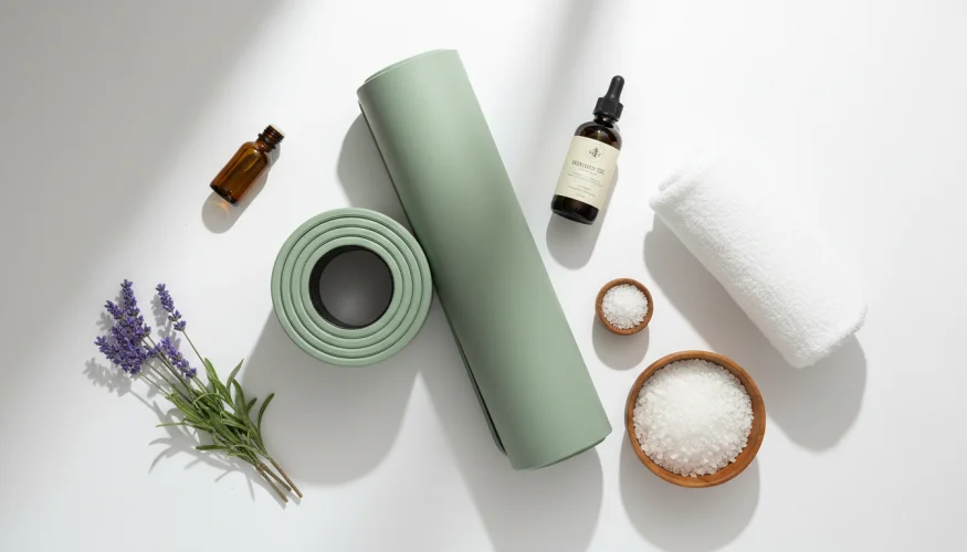 Flat-lay of foam roller, yoga mat, arnica balm, hemp oil and magnesium bath salts for spine care