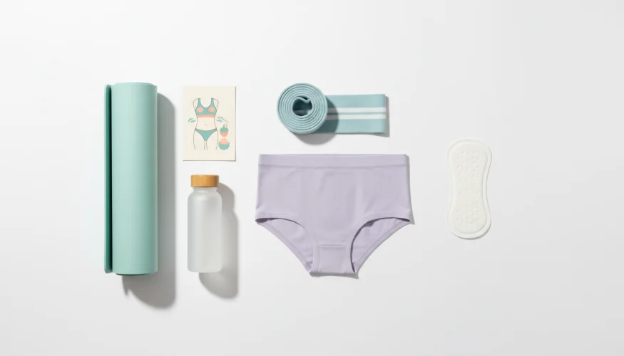 Roupa interior desportiva absorvente e ferramentas para fortalecer o pavimento pélvico
