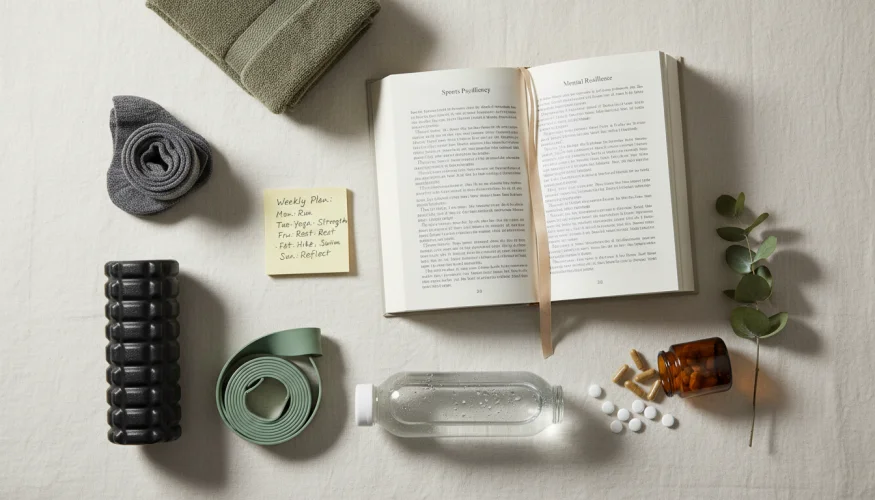 Flat-lay of sports recovery and wellness items including a psychology book, resistance band, supplements, and a hydration bottle