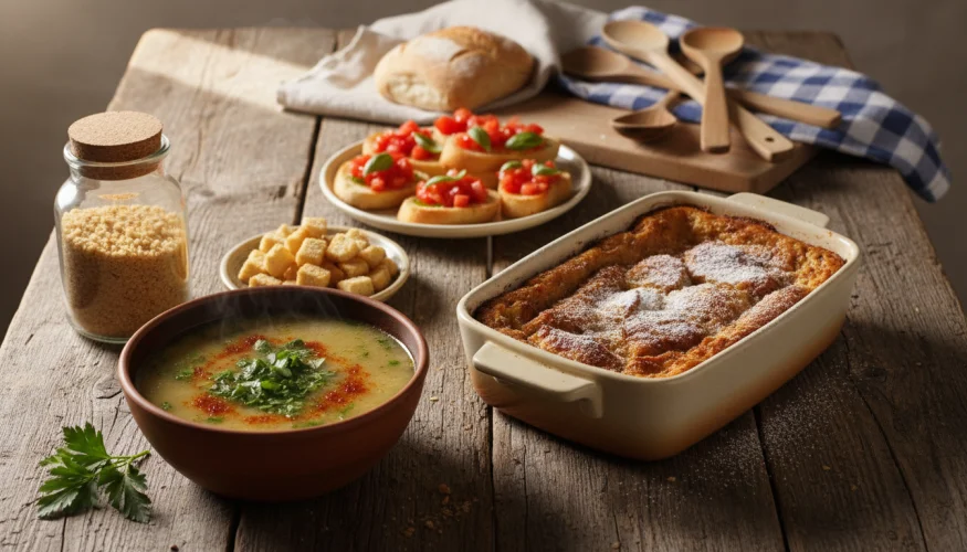 Vari piatti preparati con pane raffermo su un rustico tavolo da cucina