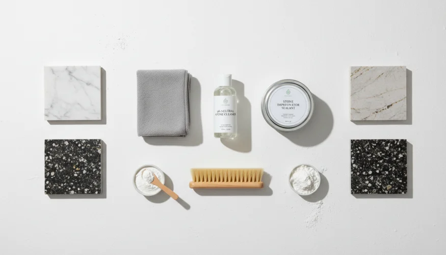 Flat-lay of natural stone countertop care products including sealant, pH-neutral cleaner, microfibre cloth and stone samples
