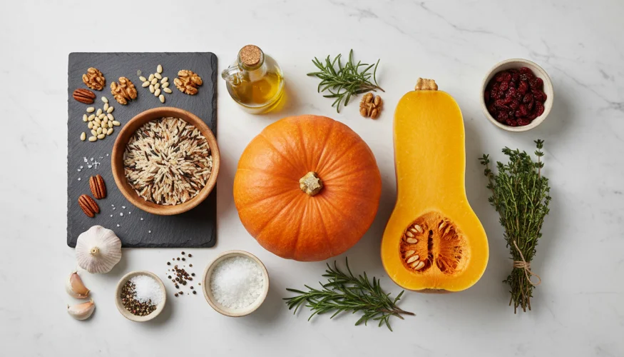 Zutaten für gebackenen gefüllten Kürbis mit Reis und Nüssen – Flat-Lay-Produktfotografie