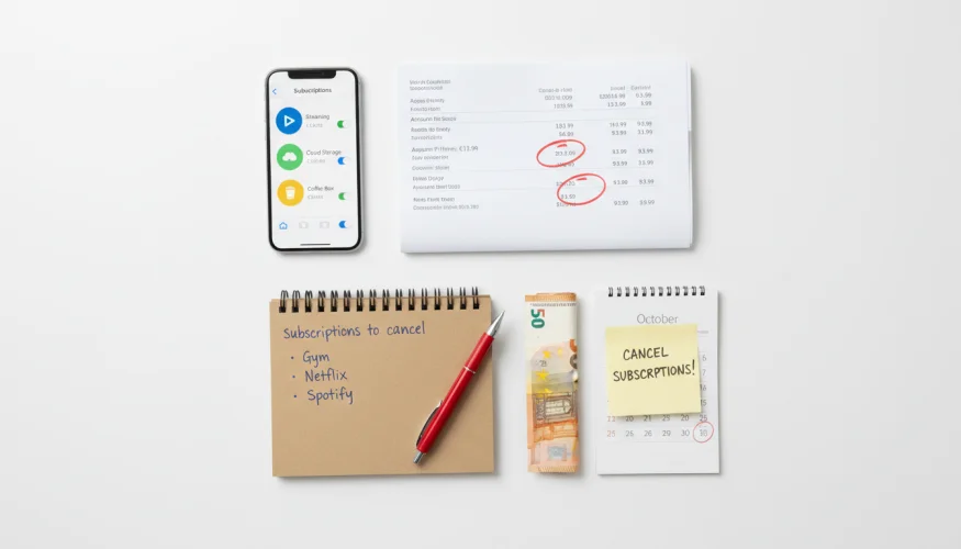Flat-lay of a smartphone with subscription app, bank statement, notebook and pen for reviewing monthly recurring payments