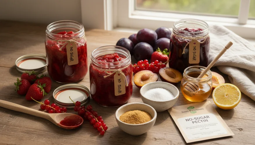 Potten suikervrije inmaakproducten met vers fruit en natuurlijke zoetstoffen op een keukenblad