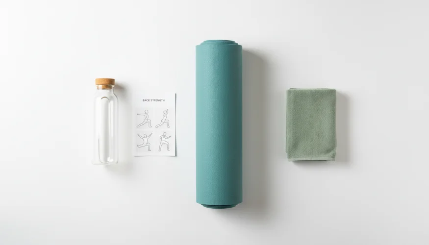 Cvičební podložka a doplňky pro posilování zad v produktovém flat-lay stylu