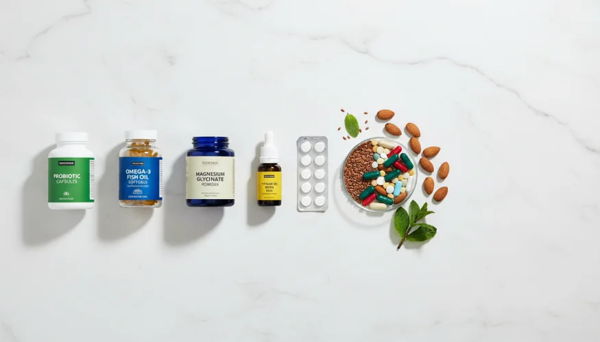 Overzichtelijk gerangschikte voedingssupplementen – probiotica, omega-3, magnesium en vitamine D op een marmeren oppervlak
