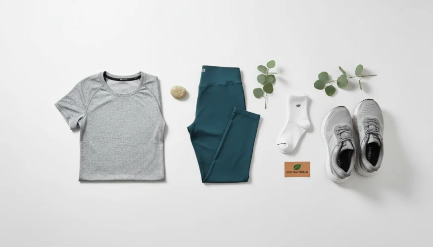 Flat-lay of sustainable running leggings, sports top, socks and shoes arranged neatly on white background