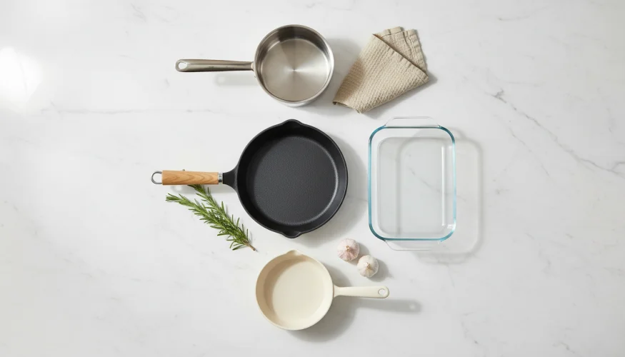 Flat-lay of cast iron, stainless steel, glass, and ceramic cookware on marble surface