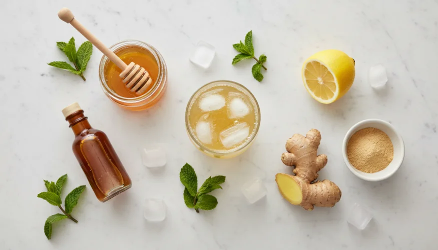Ingrediënten voor switchel – appelazijn, honing, gember en water – op een marmeren ondergrond
