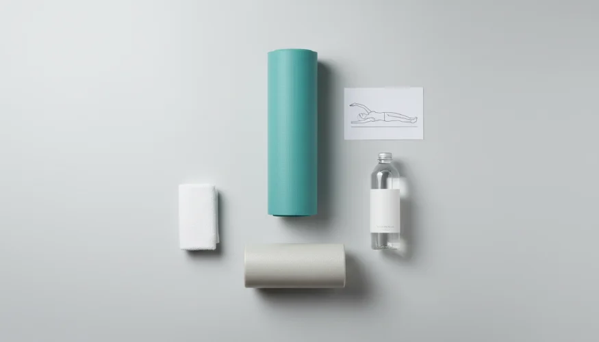 Flat-lay of yoga mat, foam roller, water bottle and exercise card for thoracic spine rotation