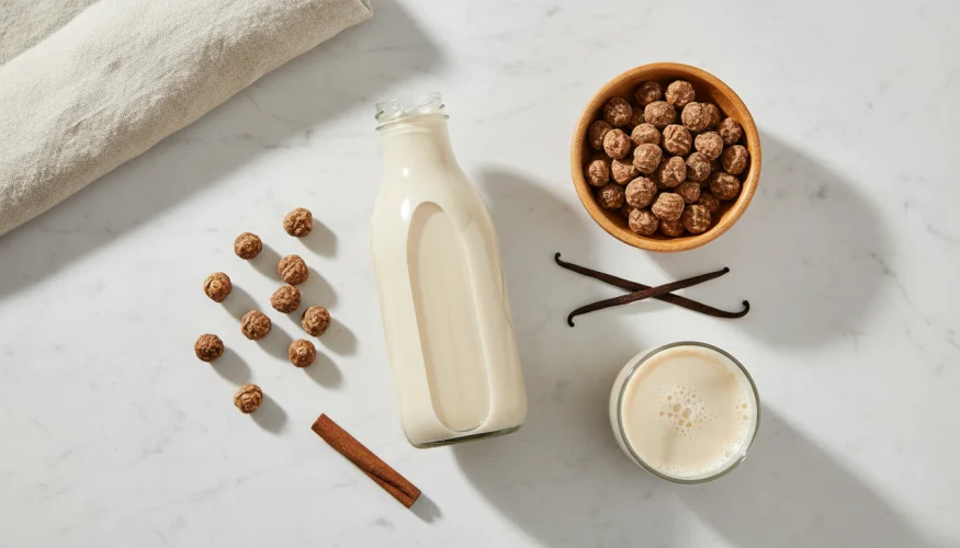 Glass bottle of tigernut milk with tigernut tubers and cinnamon on a marble surface